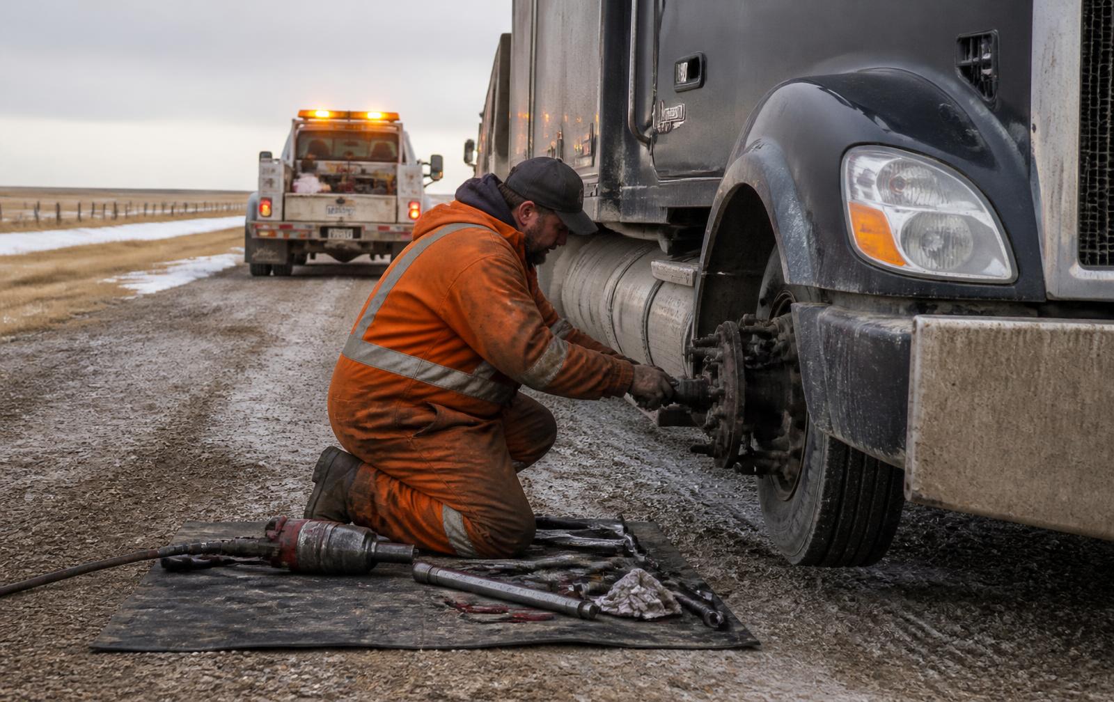 Heavy duty mechanic performing roadside truck repair on a highway tractor near Grande Prairie